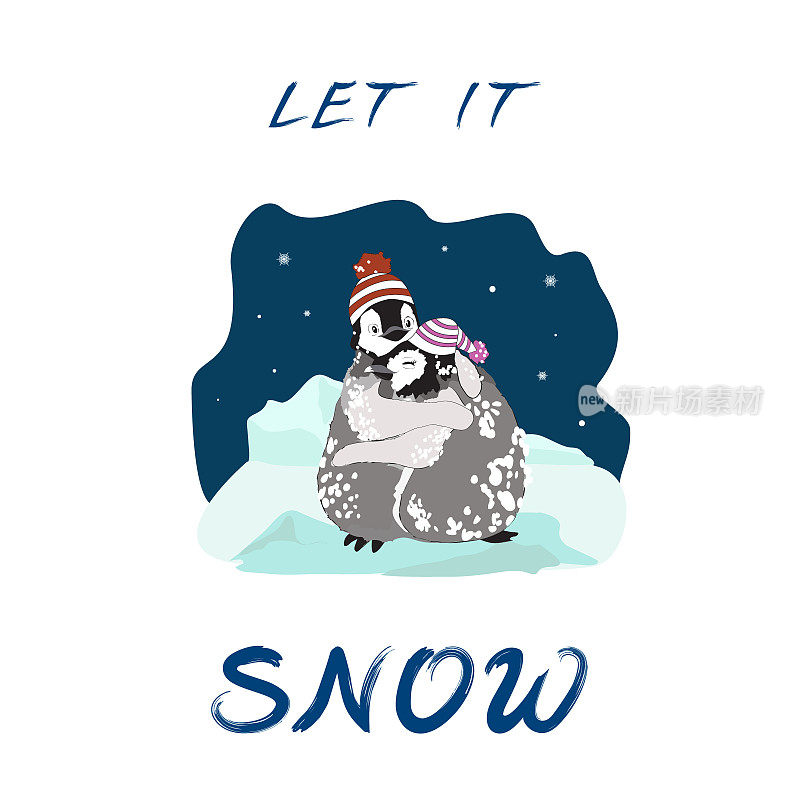 可爱微笑的卡通帝企鹅小鸡，男孩和女孩，戴着针织帽，在雪中，在夜晚下雪的北极野拥抱，和短语Let It snow，为季节问候，文具，t恤等